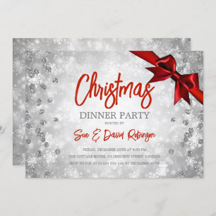 Silver Red Glitter Ribbon Christmas Holiday Invitation
