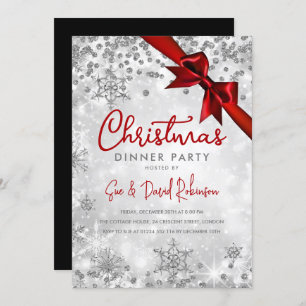 Silver Red Glitter Ribbon Xmas Winter Holiday Invitation