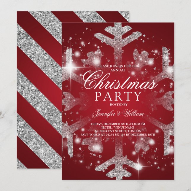 Silver Red Glitter Snowflake Xmas Holiday Party Invitation (Front/Back)