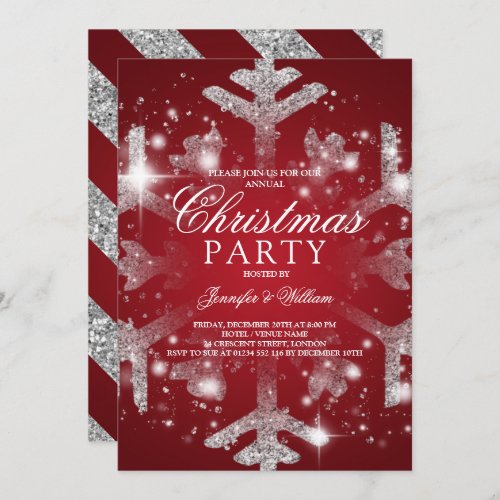 Silver Red Glitter Snowflake Xmas Holiday Party Invitation