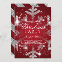 Silver Red Glitter Snowflake Xmas Holiday Party Invitation