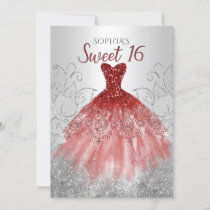 Silver Red Glitter Sparkle Dress Sweet 16 birthday Invitation