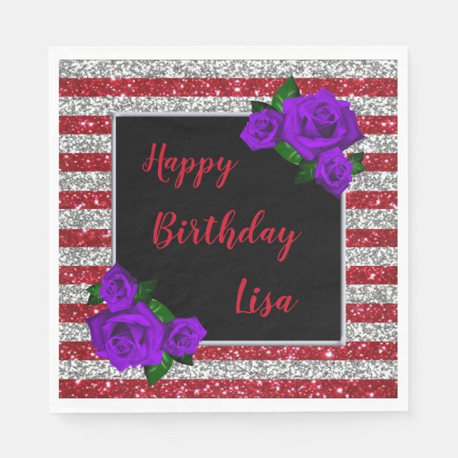 Silver Red Glitter Stripes Purple Roses Birthday Napkins (Front)