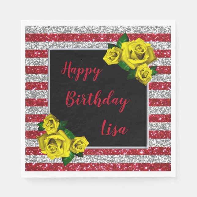 Silver Red Glitter Stripes Yellow Roses Birthday Napkins (Front)