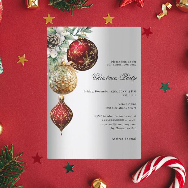 Silver red gold baubles business Christmas Party Invitation (Creator Uploaded)