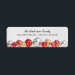 Silver Red Gold Christmas Bulbs Return Address Label<br><div class="desc">A row of pretty Christmas tree bulbs in tones of silver,  red,  and gold are lined up at the bottom of this festive Holiday return address label. Above the image are text fields which contain your family name in script,  and your street address below. Easy to customize!</div>