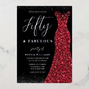 Silver Red Gown Fifty Fabulous 50th Birthday Real Foil Invitation