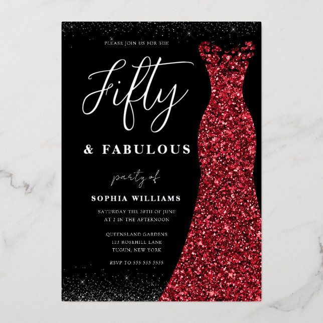 Silver Red Gown Fifty Fabulous 50th Birthday Real Foil Invitation (Front)