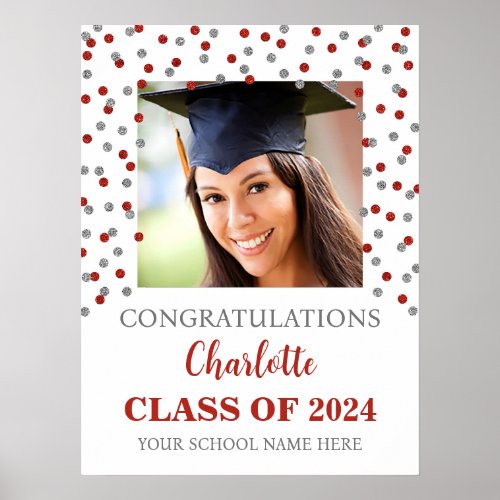 Silver Red Graduation Party Custom 18x24 Photo Poster