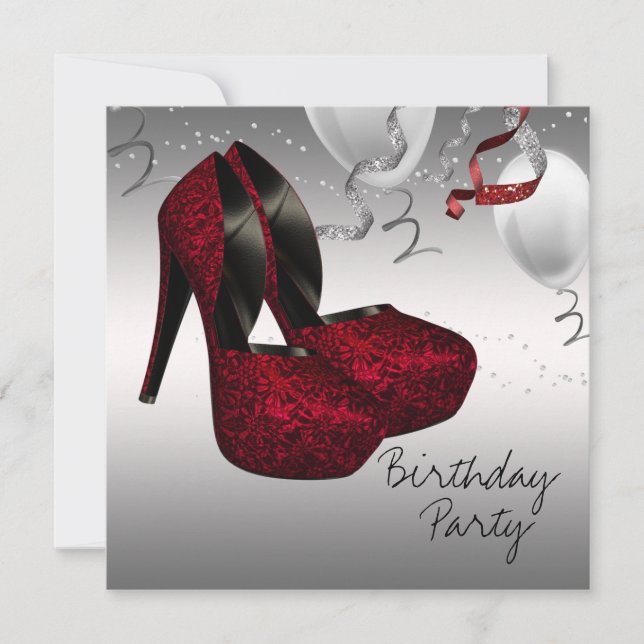 Silver Red High Heel Shoes Birthday Party Invitation (Front)