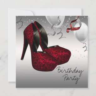 Silver Red High Heel Shoes Birthday Party Invitation