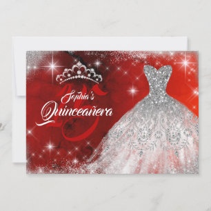 Silver Red Lace Diamond Gown Tiara Quinceanera Invitation