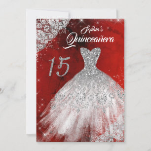 Silver Red Lace Diamond Sparkle Gown Quinceanera Invitation