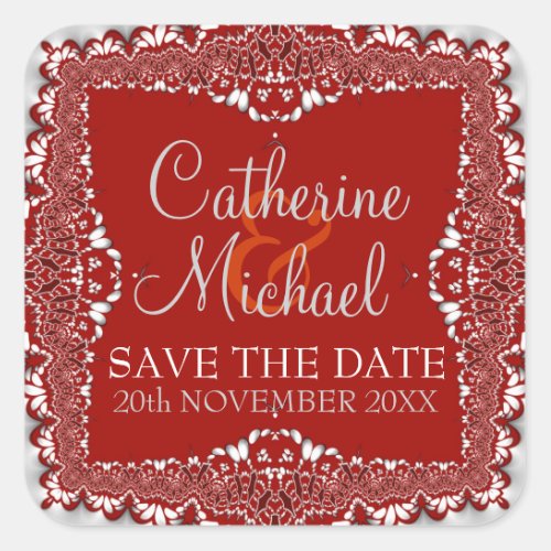 SilverRed Lace Wedding Save the Date Sticker