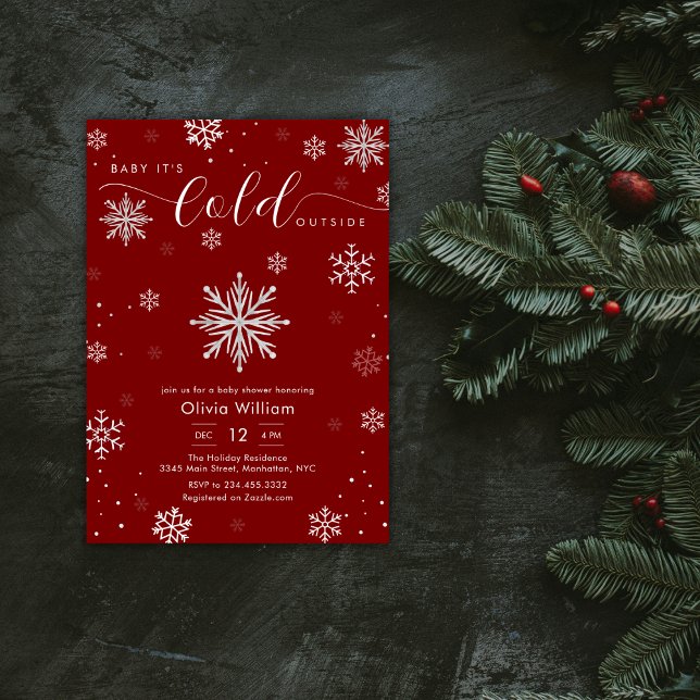 Silver Red Magical Winter Snowflake Baby Shower  Invitation (Silver Red Magical Winter Snowflake Baby Shower Invitation)