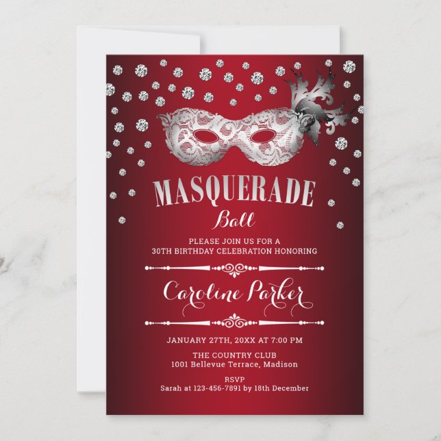 Silver Red Masquerade Ball Birthday Party Invitation (Front)