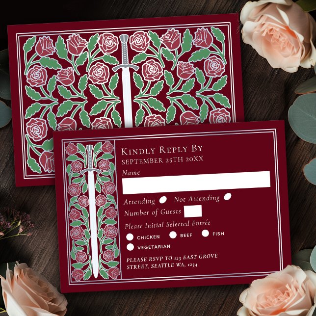 Silver Red Medieval Floral Sword Wedding RSVP Card (Creator Uploaded)