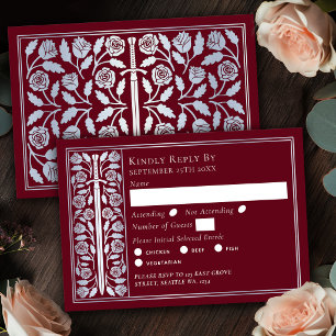 Silver Red Medieval Sword Wedding RSVP Card