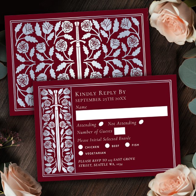 Silver Red Medieval Sword Wedding RSVP Card (Creator Uploaded)