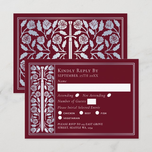 Silver Red Medieval Sword Wedding RSVP Card (Front/Back)