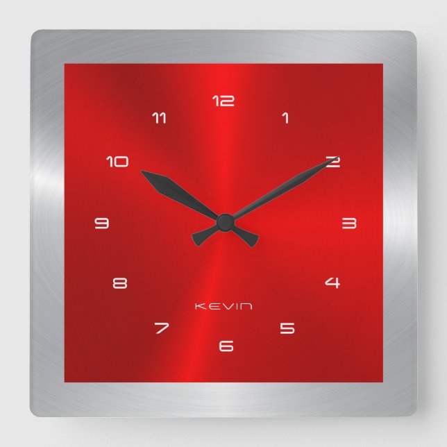 Silver & Red & Metallic Stainless Steel Square Square Wall Clock (Front)