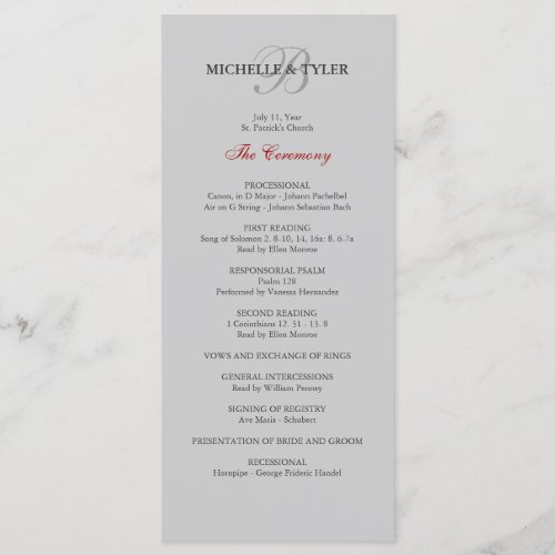 Silver  Red Monogram Wedding Program