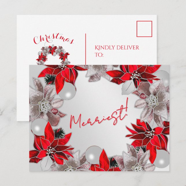 Silver & Red Poinsettia Holiday Post Card (Front/Back)