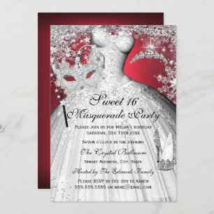 Silver Red Princess Masquerade Sweet 16 Invite