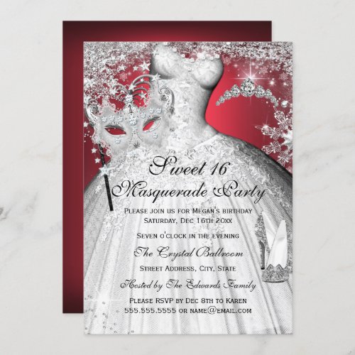 Silver Red Princess Masquerade Sweet 16 Invite