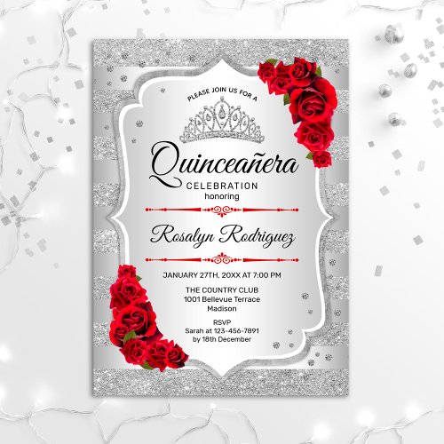 Silver Red Quinceanera Invitation