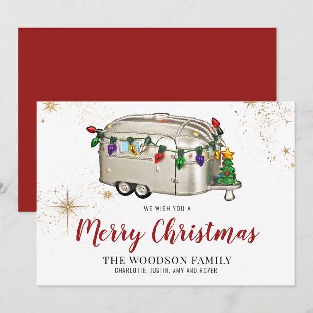 Silver Red Retro Vintage Camper Christmas Card (Front/Back)