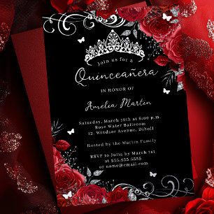 Silver Red Rose Floral Swirl Quinceanera   Foil Invitation