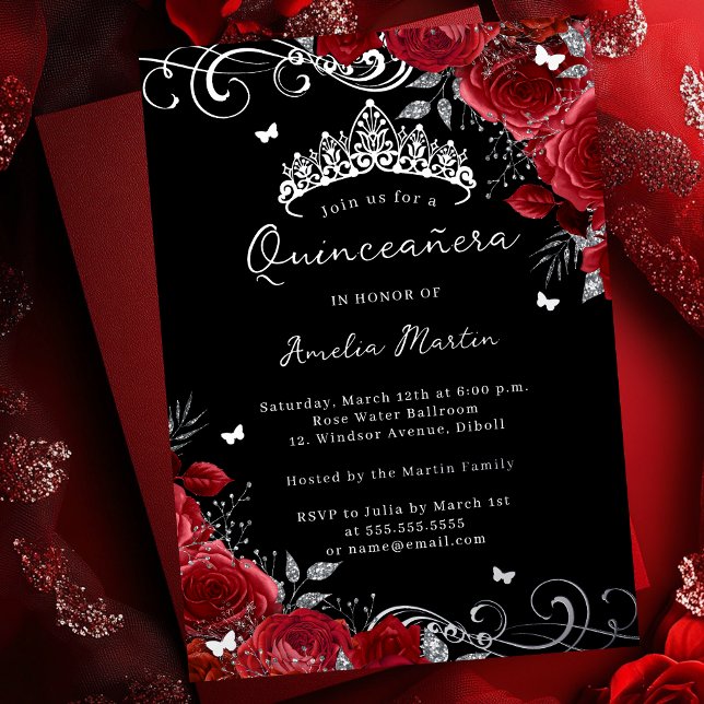 Silver Red Rose Floral Swirl Quinceanera   Foil Invitation (Creator Uploaded)