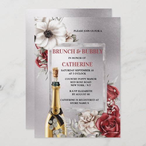 Silver red rose poppy flower sparkling wine chic invitation