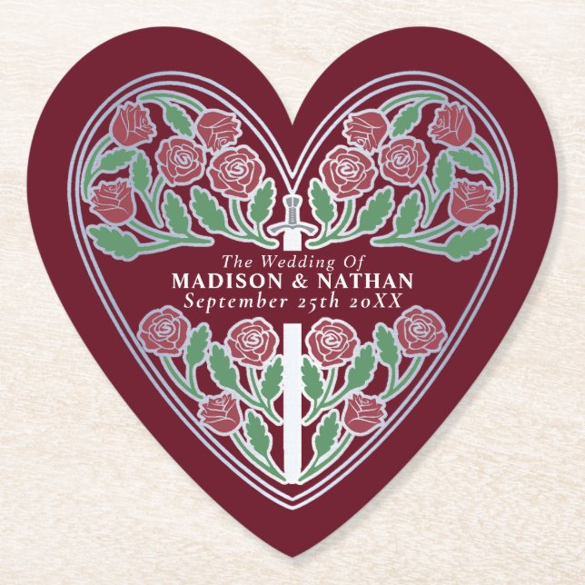 Silver Red Royal Medieval Floral Sword Wedding Paper Coaster (Front)