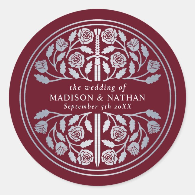 Silver Red Royal Medieval Sword Wedding  Classic Round Sticker (Front)