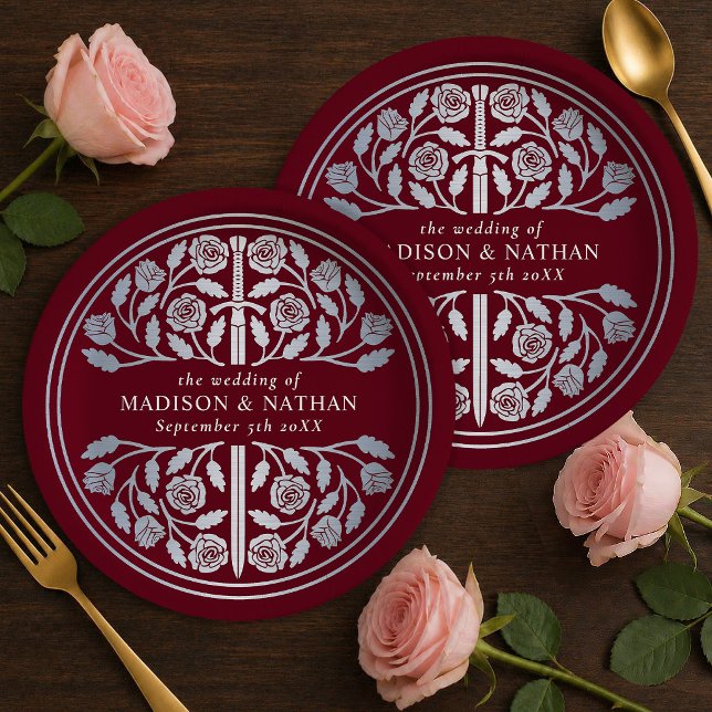 Silver Red Royal Medieval Sword Wedding  Paper Plates (Creator Uploaded)