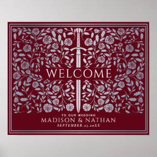 Silver Red Royal Medieval Sword Wedding Welcome Poster