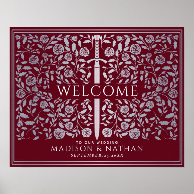 Silver Red Royal Medieval Sword Wedding Welcome  Poster (Front)