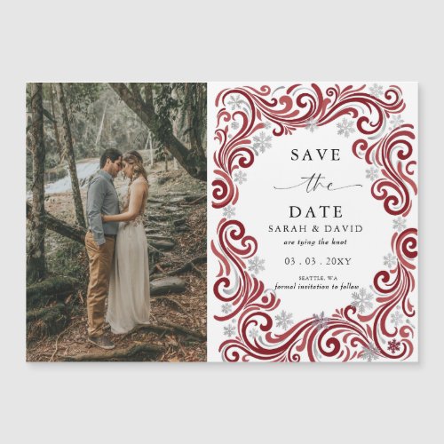 Silver Red Snowflake Winter Photo Save the Date