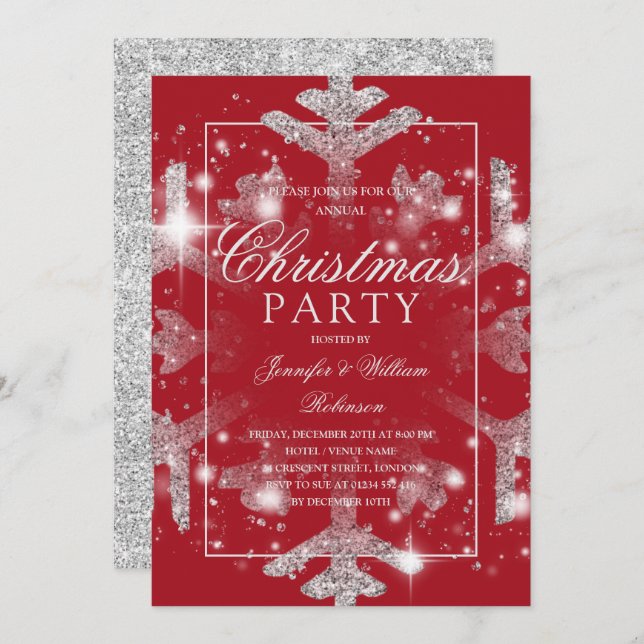 Silver Red Snowflake Xmas Holiday Party   Invitation (Front/Back)