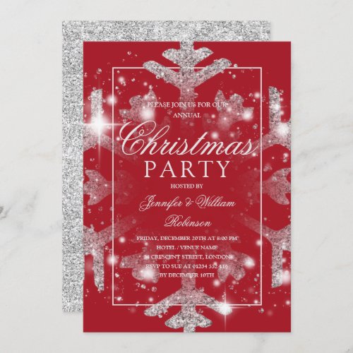 Silver Red Snowflake Xmas Holiday Party   Invitation