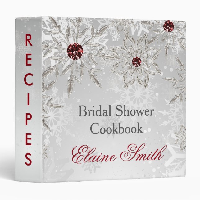 silver  red snowflakes bridal shower recipe book 3 ring binder (Front/Spine)