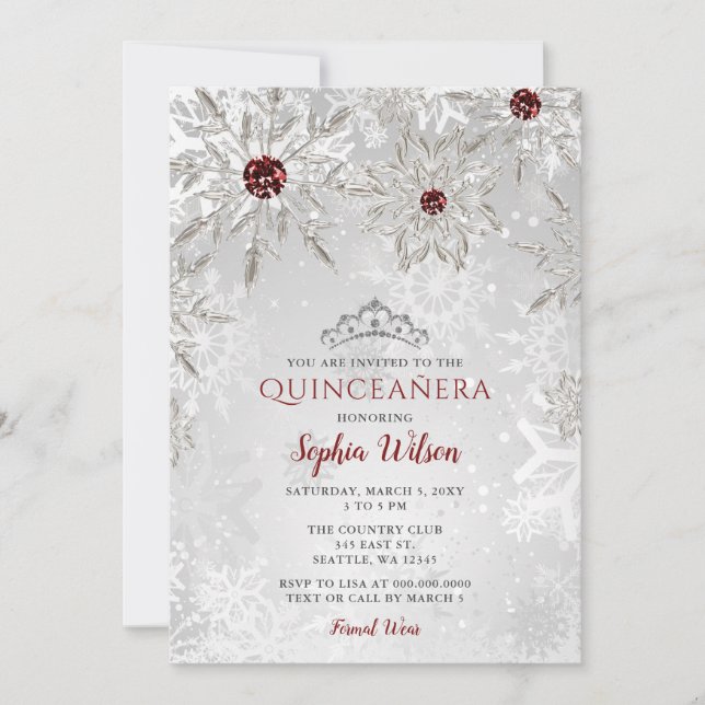 Silver Red Snowflakes Tiara Quinceañera Invitation (Front)
