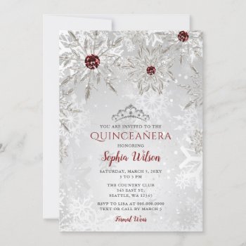 Silver Red Snowflakes Tiara Quinceañera Invitation by Invitationboutique at Zazzle