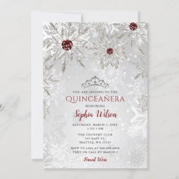 Silver Red Snowflakes Tiara Quinceañera Invitation