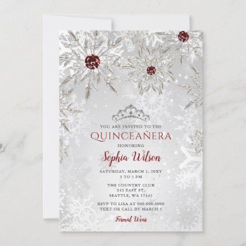 Silver Red Snowflakes Tiara Quinceaera Invitation