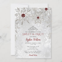 Silver Red Snowflakes Tiara Sweet 16  Invitation