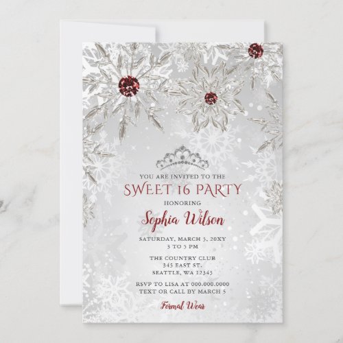 Silver Red Snowflakes Tiara Sweet 16  Invitation