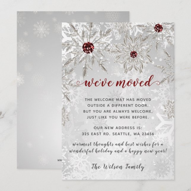 Silver Red Snowflakes We've Moved Holiday Cards (Front/Back)